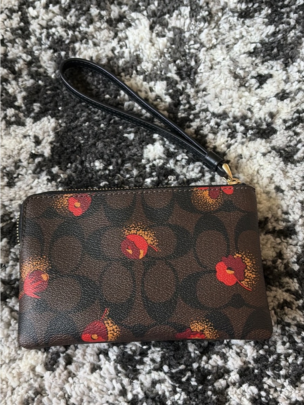 Coach Brown Signature Floral Zip Wristlet with Red and Orange Accents - Picture 2 of 3